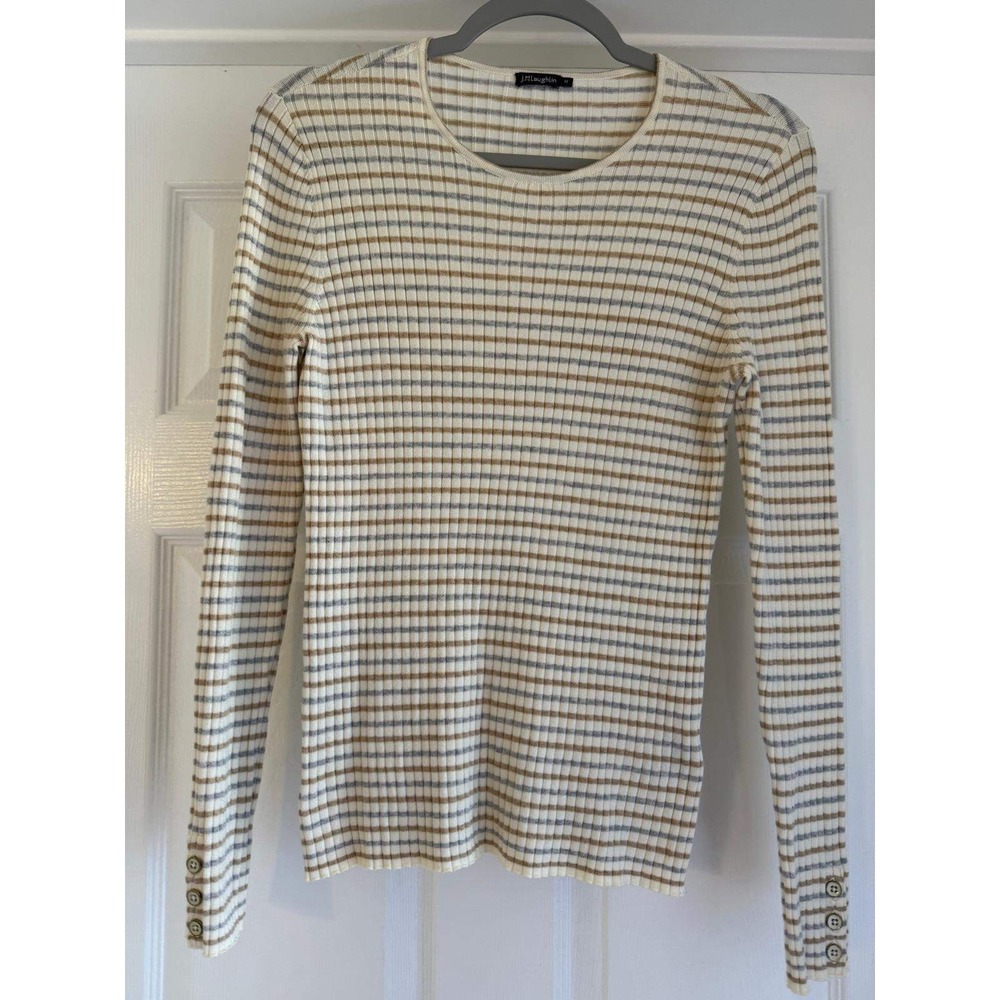 J. McLaughlin Womens Striped Ribbed Knit Top‎ Tan Grey Button Cuff Size M
